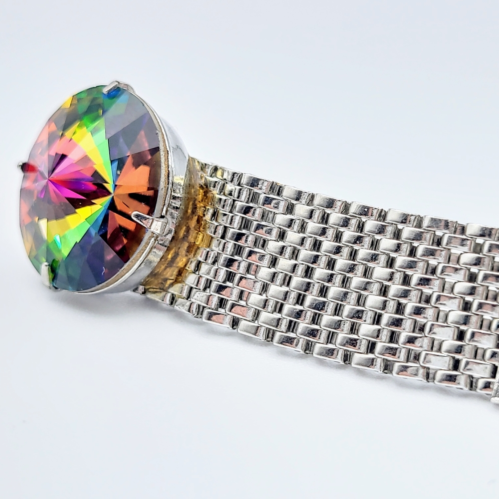 Vintage Rainbow Rivoli Crystal Silver Tone Mesh Cufflinks - Picture 7 of 12